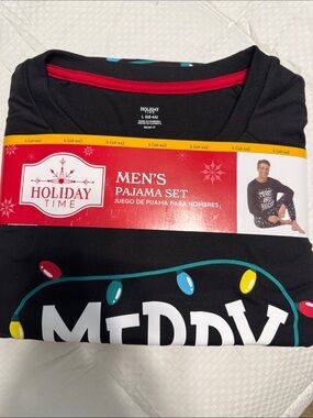 Holiday Time Black Men’s Pajama Set with Multicolor Light Print